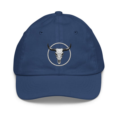Blue youth baseball cap with embroidered longhorn skull and rope circle design by mntain outlaw
