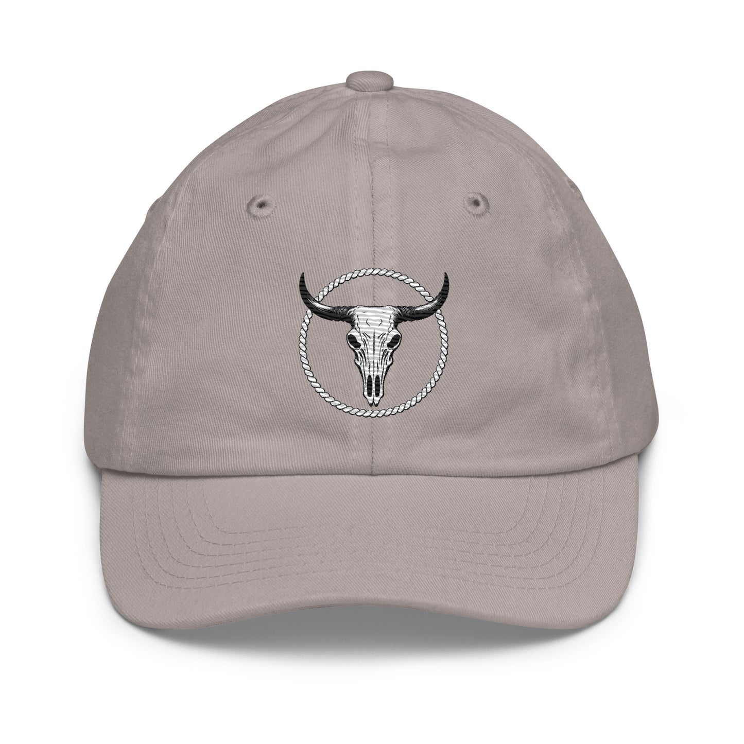 mntain outlaw youth baseball cap in gray with embroidered bull skull logo and adjustable back