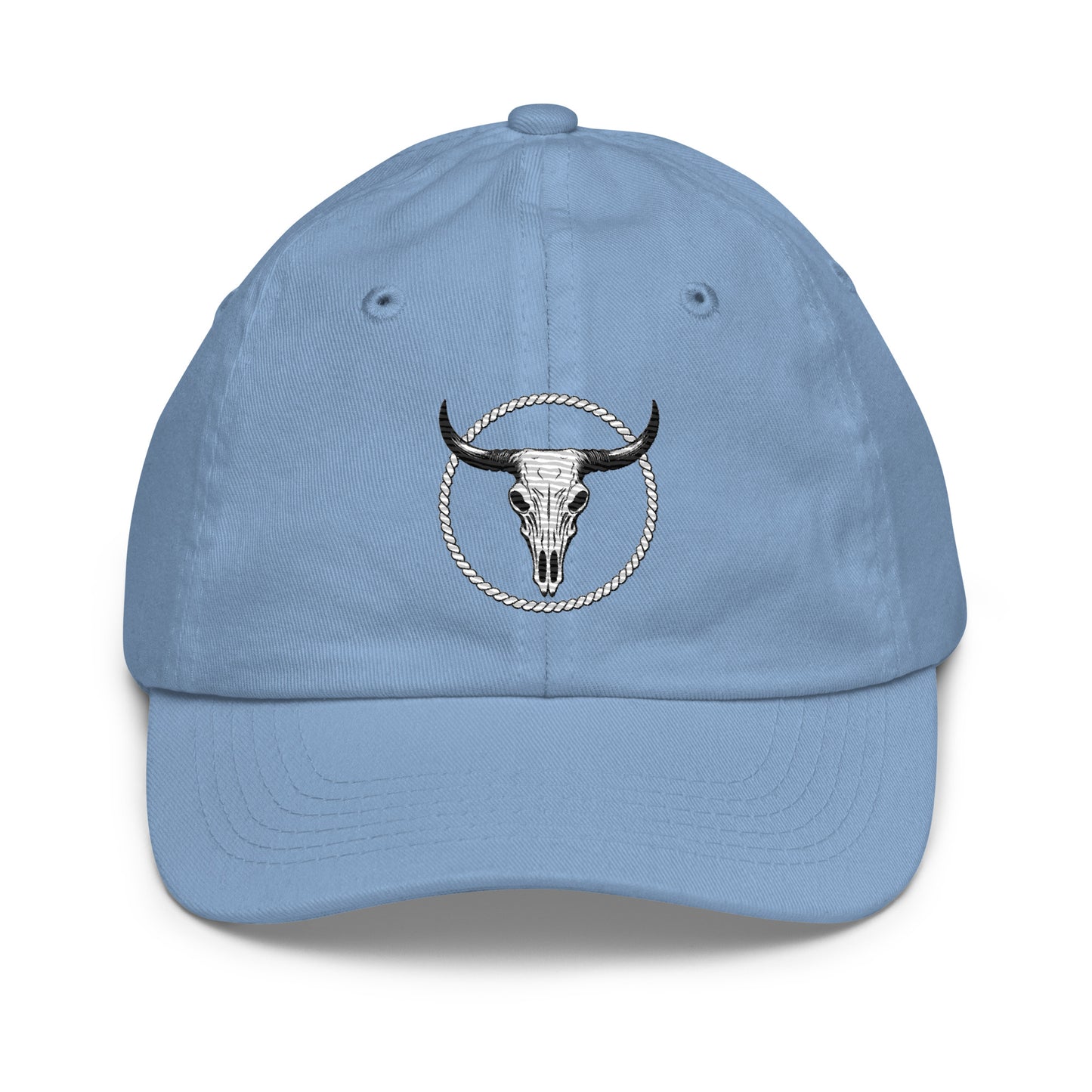 mntain outlaw light blue youth baseball cap with longhorn skull and rope circle logo