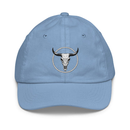 mntain outlaw light blue youth baseball cap with longhorn skull and rope circle logo