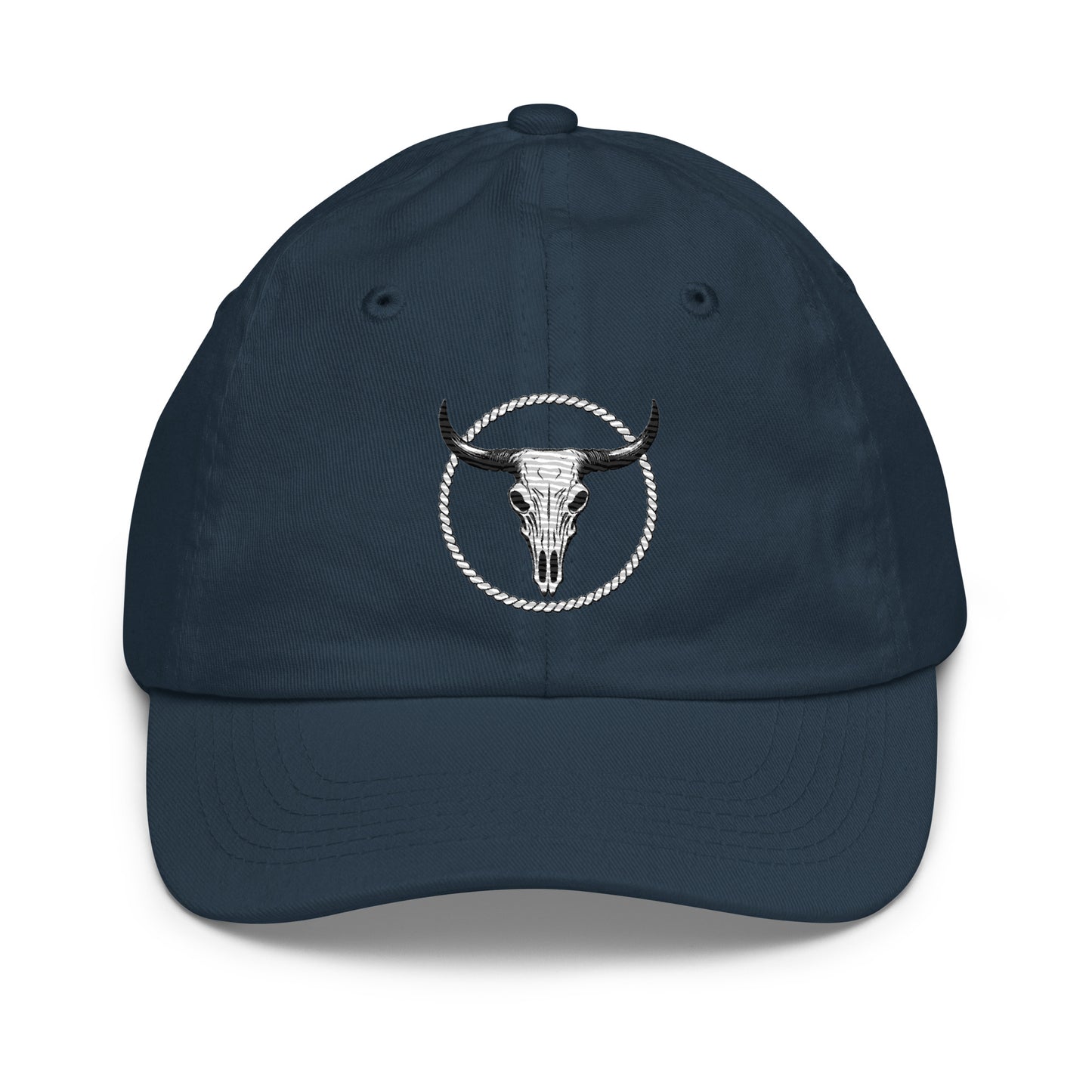 Navy blue youth baseball cap with bull skull and rope circle embroidery by mntain outlaw
