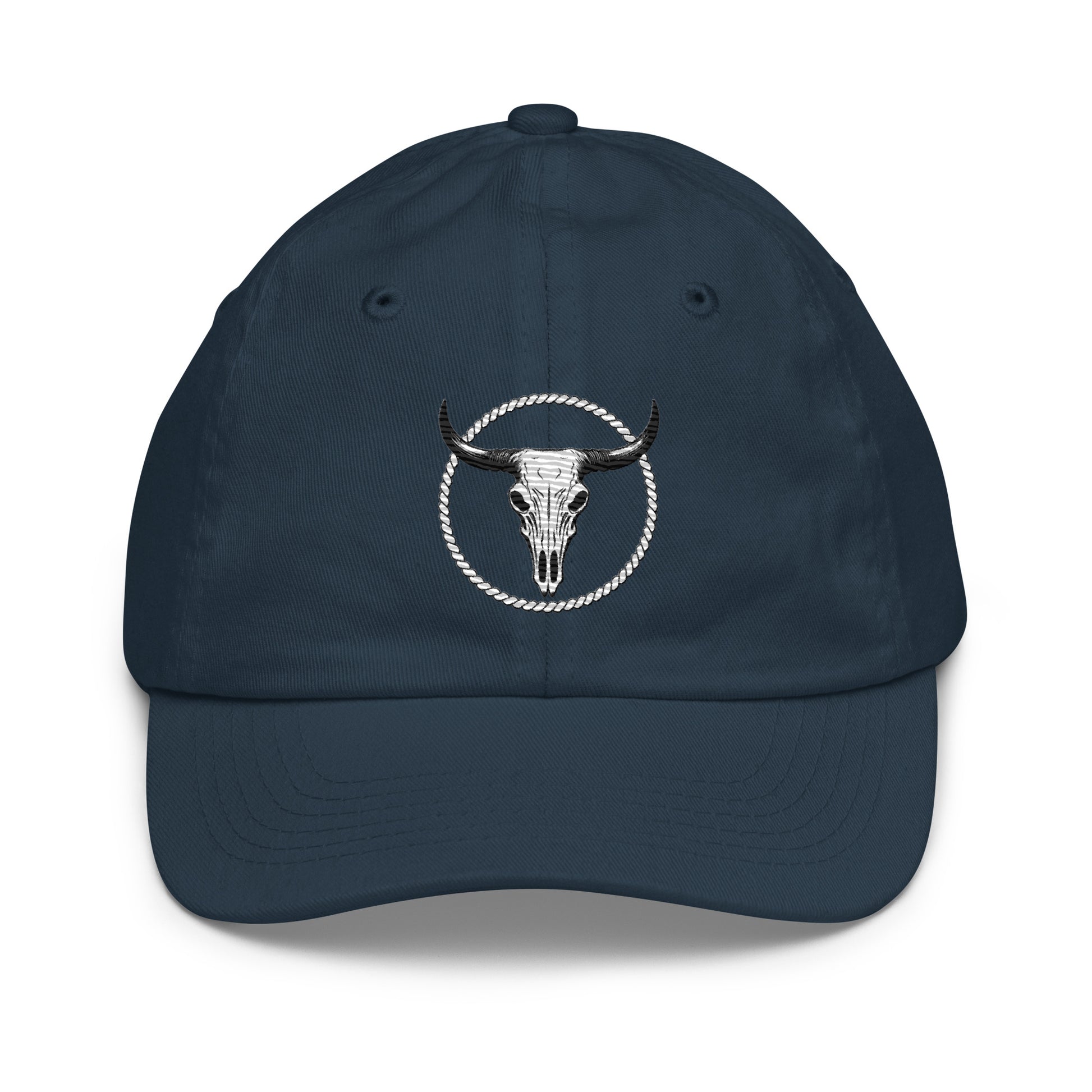 Navy blue youth baseball cap with bull skull and rope circle embroidery by mntain outlaw