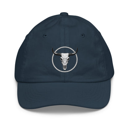 Navy blue youth baseball cap with bull skull and rope circle embroidery by mntain outlaw