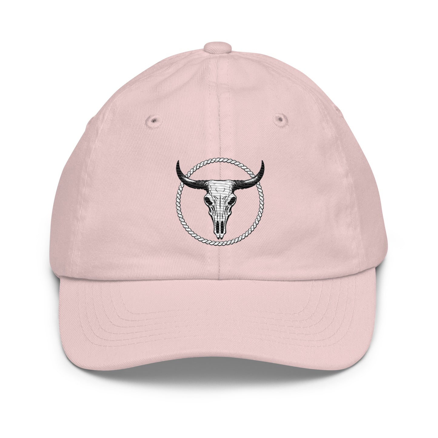 mntain outlaw pink youth baseball cap with bull skull and rope circle embroidery