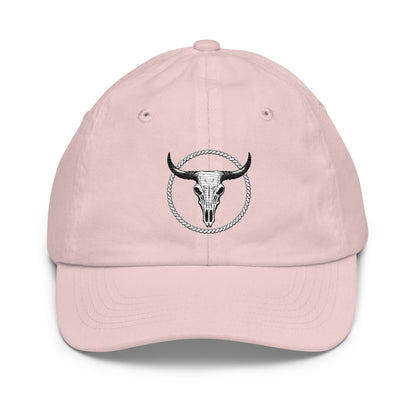 mntain outlaw pink youth baseball cap with bull skull and rope circle embroidery
