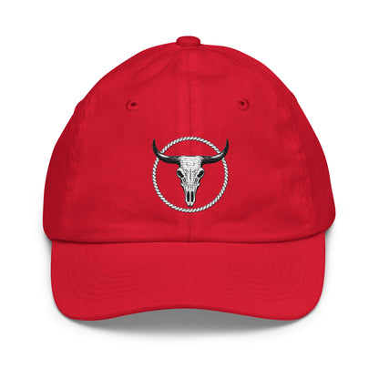 Red youth baseball cap by mntain outlaw featuring a bull skull and rope circle embroidered design