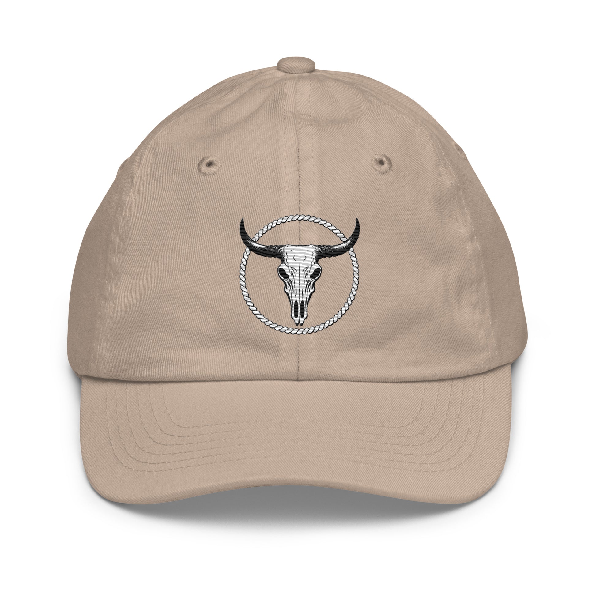 mntain outlaw youth baseball cap in beige with bull skull and rope circle embroidery