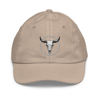 mntain outlaw youth baseball cap in beige with bull skull and rope circle embroidery